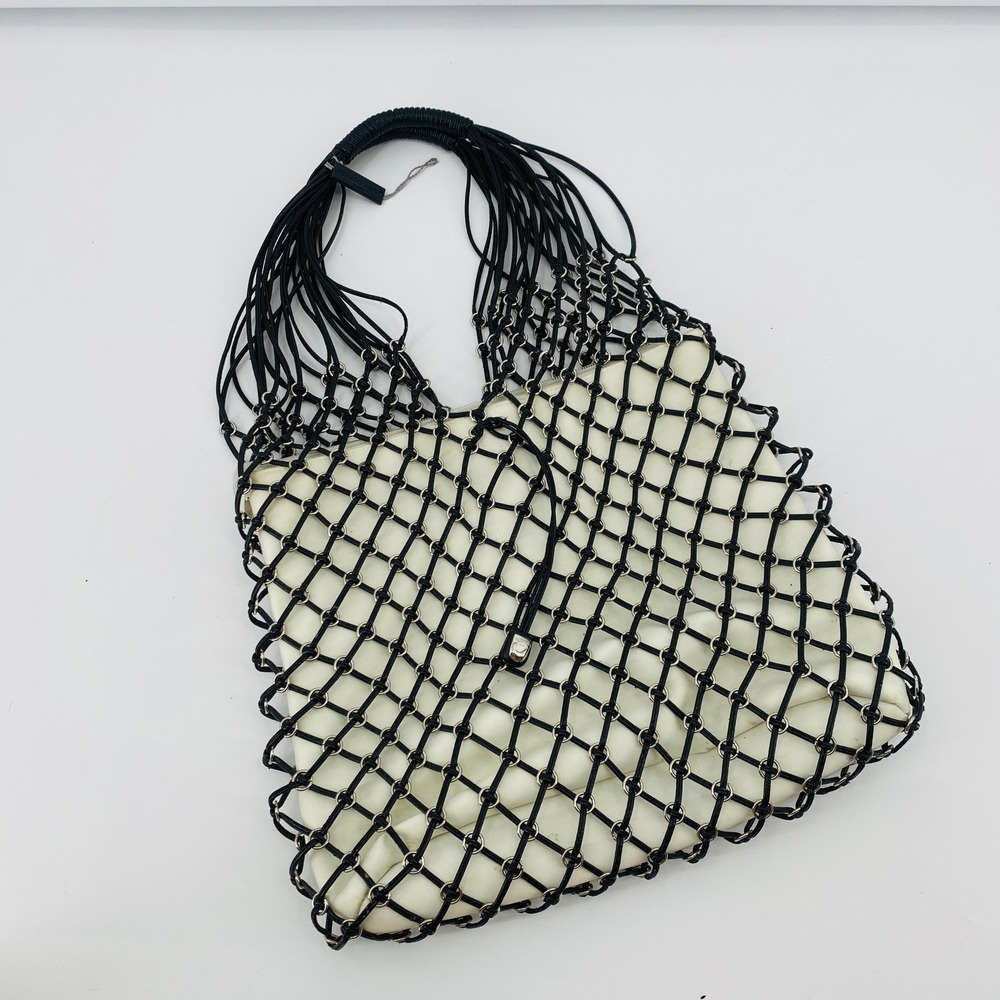 Renato Angi Tote Bag Womens OS White Black Cage Net Silver Rings Leather Trim